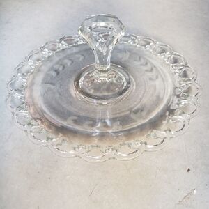 Vintage Large Crystal Glass Handled Serving Tidbit Plate Platter, 10" in diamete